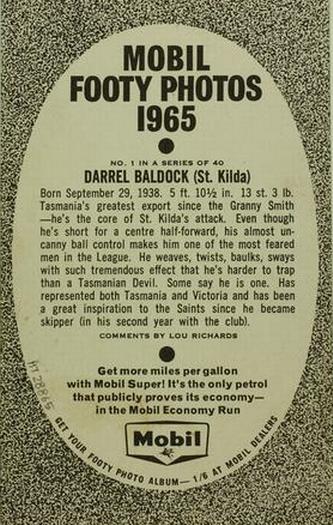 1965 Mobil Footy Photos VFL #1 Darrel Baldock Back